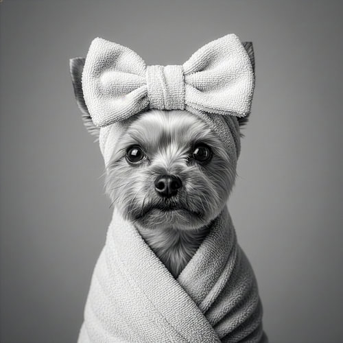 Porträt eines niedlichen kleinen Yorkshire-Terriers mit schwarz-weißem Bademantel