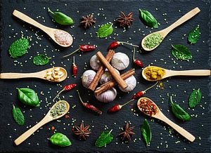 Heiteres Stillleben mit Gewürzen und frischen Kräutern.