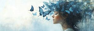 Frau und Schmetterlinge | Blaue Schmetterlinge und Frau