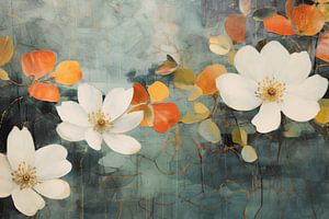 Blumen in Weiß, Orange und Blau mit einem kleinen goldenen Akzent