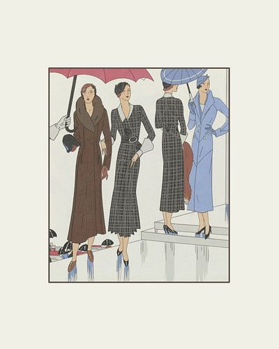 Les dames à l'automne | De dames in de regen | Herfst | Art Deco historische prent | Vintage fashion