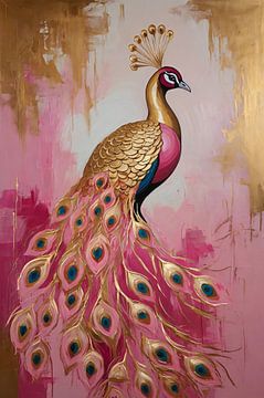 Elegant Golden Peacock on Pink Background by De Muurdecoratie