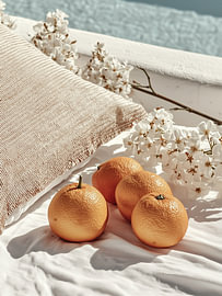 Oranges and White Blossoms on a Terrace – Mediterranean Still Life by StudioRemier