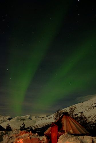 Norvège, aurores boréales, tente Sami Lavvu