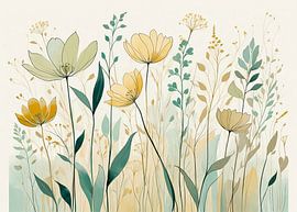 Elegant Pastel Botanical Flowers with Minimalist Leaves Illustration