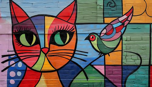 Bunte Katze und das Vogelpanorama