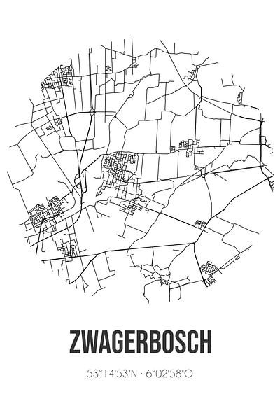 Zwagerbosch (Fryslan) | Karte | Schwarz und Weiß von Ortsdrucke