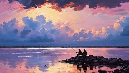 Twee vissers in een kleurige zonsondergang