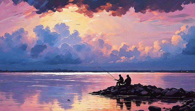 Twee vissers in een kleurige zonsondergang van Emiel de Lange