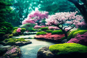 Japanischer Garten mit See und Bäumen im Frühling Illustration