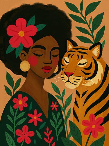Modern Afrikaans Portret: Vrouw met Bloemen en Tijger
