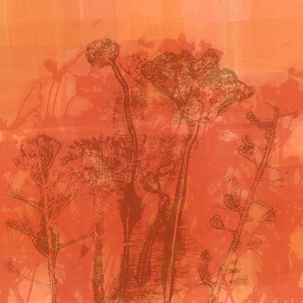 Abstrakte botanische Kunst. Blumen in Braun und Korallenorange. von Dina Dankers
