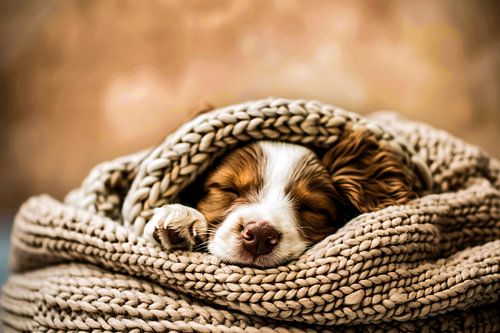 Chiot endormi dans une couverture tricotée