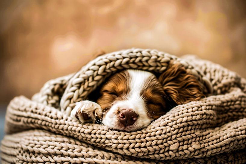 Sleeping puppy in knitted blanket by Imperial Art House