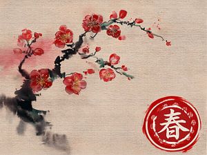 Frühling | Zweig mit japanischen Pflaumenblüten auf Leinwand, mit Stempel und japanischem Schriftzeichen