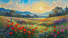 Sommerpanorama. Hügellandschaft mit Mohnblumen und aufgehender Sonne von Studio Pieternel
