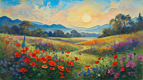 Sommerpanorama. Hügellandschaft mit Mohnblumen und aufgehender Sonne
