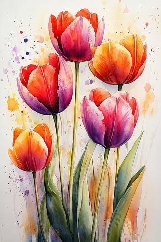 Vurige Tulpen in Aquarel  no.3