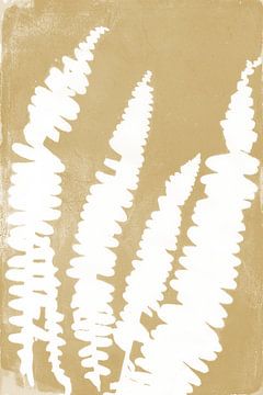 White fern leaves in retro style. Modern botanical minimalist art in yellow and white by Dina Dankers