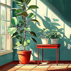 Ein ruhiges und minimalistisches Innenbild, in dem eine große Zimmerpflanze in einem Terrakottatopf im Mittelpunkt steht, getaucht in warmes Morgenlicht, das durch ein klassisches Fenster fällt. Auf einem leuchtend roten Beistelltisch stehen zwei kleinere Pflanzen, während die türkisfarbene Wand dem Ganzen eine moderne Note verleiht. Durch die Schatten der Pflanzen entsteht ein verspieltes Muster an der Wand, das für ein perfektes Zusammenspiel von Licht, Farbe und Natur sorgt. von Studio BB