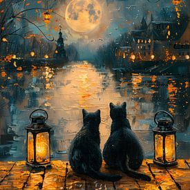 Deux chats noirs au clair de lune sur Erika Kaisersot