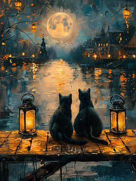 Twee zwarte katten in het maanlicht