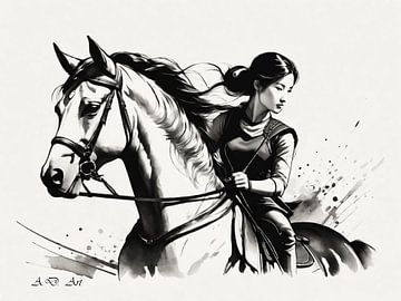 Mongolische Reiterin - Schwarz-Weiß Illustration von A.D. Digital ART