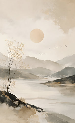 Japandi landscape with mountains