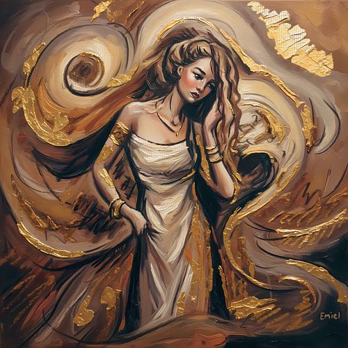 De Gouden Melancholie - schilderij in bladgoud met vrouw in chiq