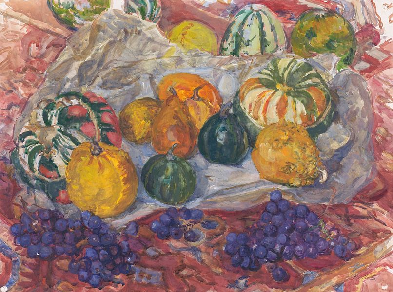 Barbara Elisabeth van Houten, Still life of pumpkins and grapes on a rug by Atelier Liesjes