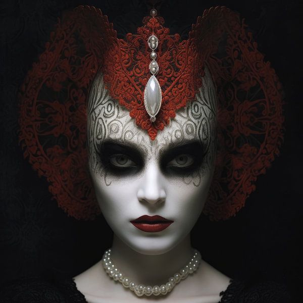 Woman with mask in black, white and red by Vlindertuin-Art
