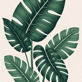 Minimalist Tropical Monstera Leaves Botanical Illustration on Cream Background by VICTOR S