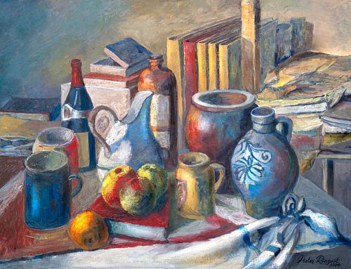 Stilleven met kannen, kruiken en flessen - olieverf op doek