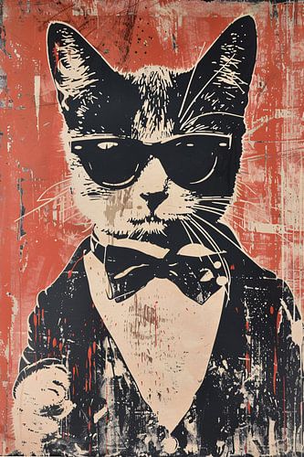 Zwart-witte kat met zonnebril en vlinderdas