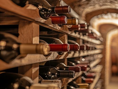 Flessen wijn in een wijnkelder