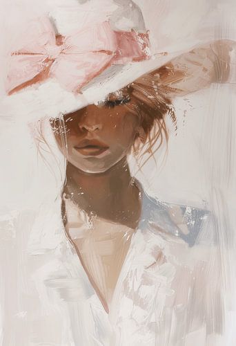 Porträt einer Dame mit einem Hut in Rosa und Weiß