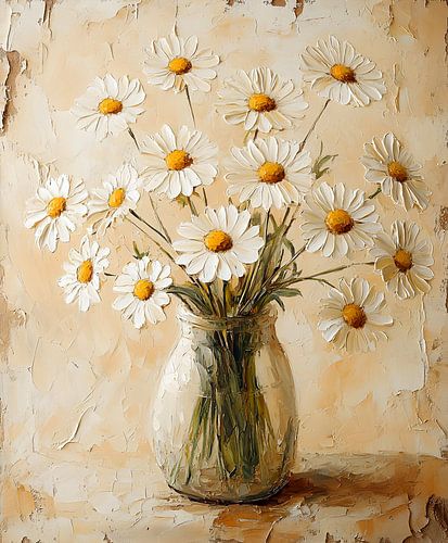 Bouquet de champs en style Palette Knife - Marguerites en verre sur mur rustique