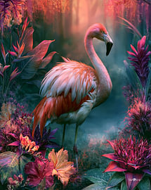 Flamant rose et fleurs tropicales