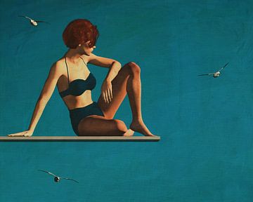 Olieverfschilderij van een vrouw zittend op een duikplank