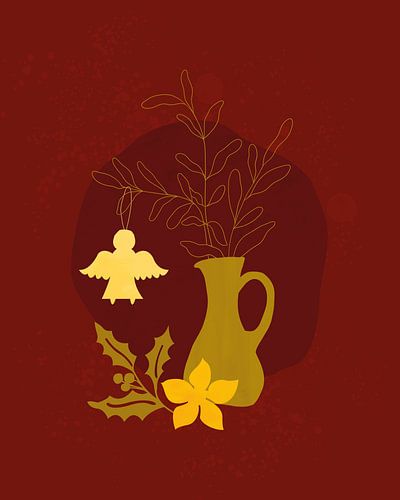 Modern Christmas illustration of a still life in red and gold
