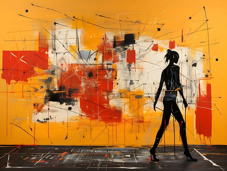 Frau in der Mitte einer Tanzfläche, gemalt von Basquiat von PixelPrestige