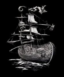 Sailing ship poster - Maritime black and white art print in vintage style by Conpo Design
