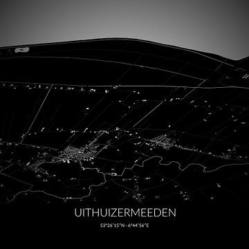 Zwart-witte landkaart van Uithuizermeeden, Groningen. van Rezona