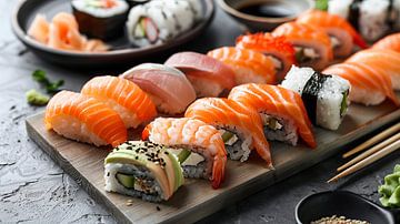 Roll suhsi on a plate with chopsticks by de-nue-pic