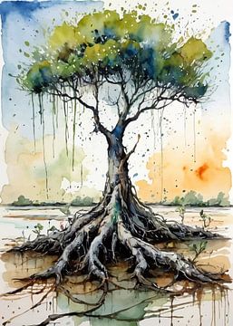 Mangrovenbaum Aquarell - Atmosphärische Küsten-Natur-Kunst