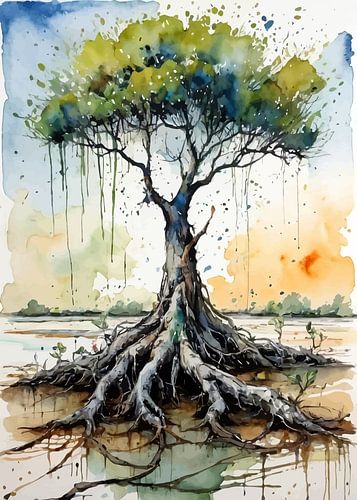 Mangroveboom aquarel - Sfeervolle kustnatuur kunst