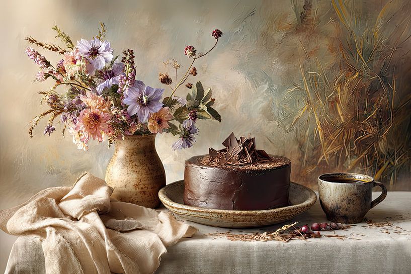 Chocolate Cake with Flowers and Coffee - Classic Dessert Still Life by Joriali photography and paintings