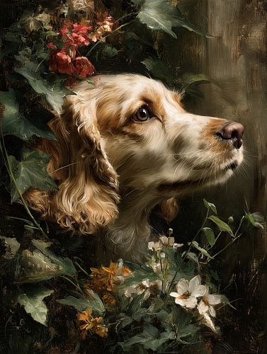 Engelse cocker spaniel tussen de wilde bloemen