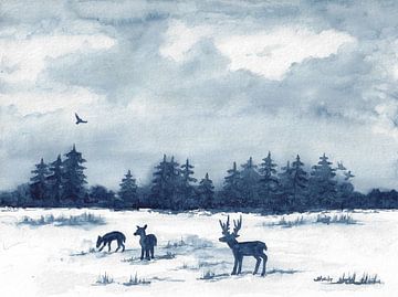 Herten in het winterse bos van Sandra Steinke