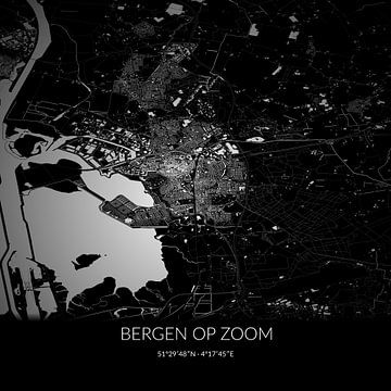 Zwart-witte landkaart van Bergen op Zoom, Noord-Brabant. van Rezona
